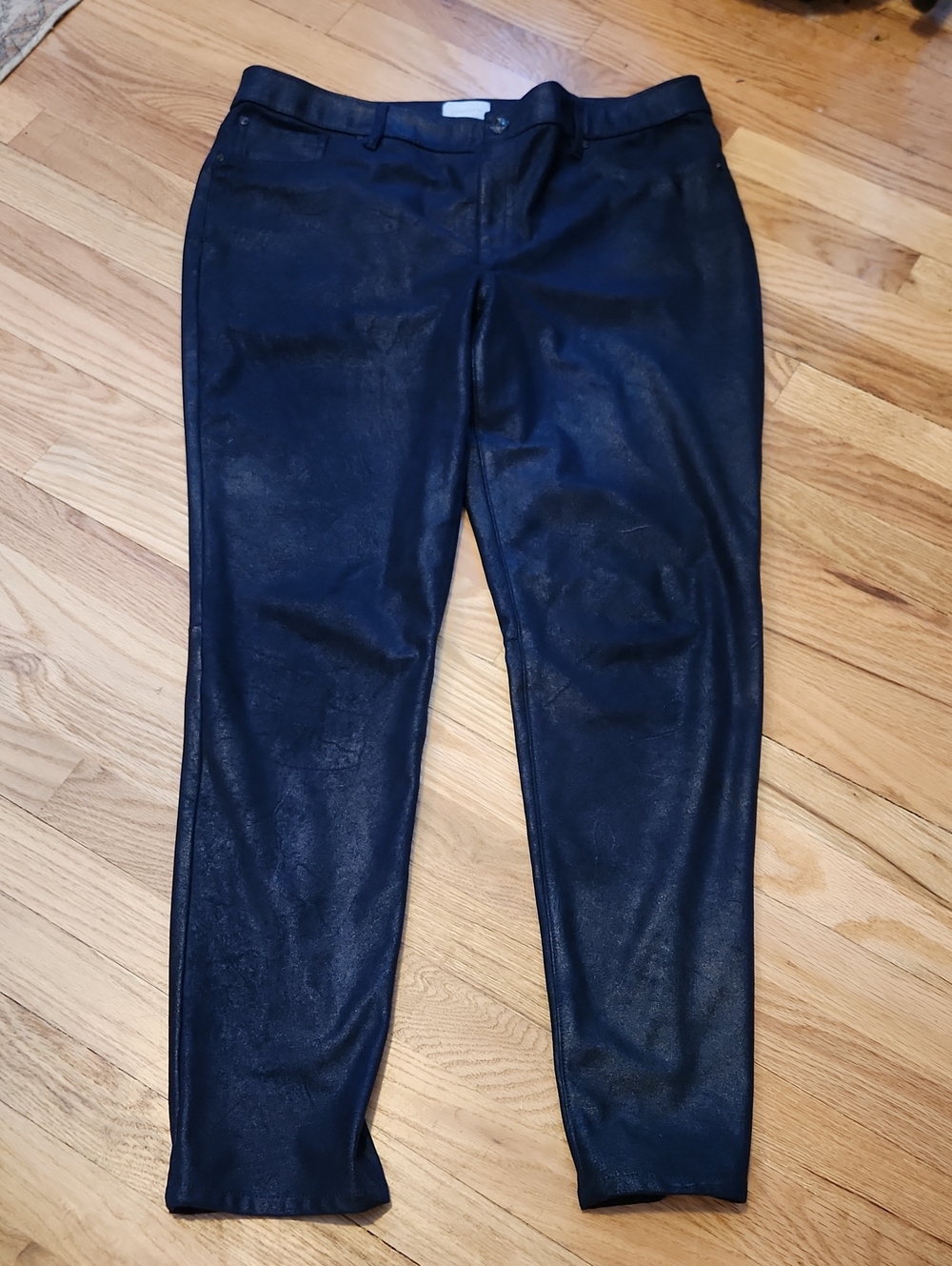 Chicos Faux Suede Navy Blue Pants 5 Pockets Stretchy Soft Feel Shiny Cocktails